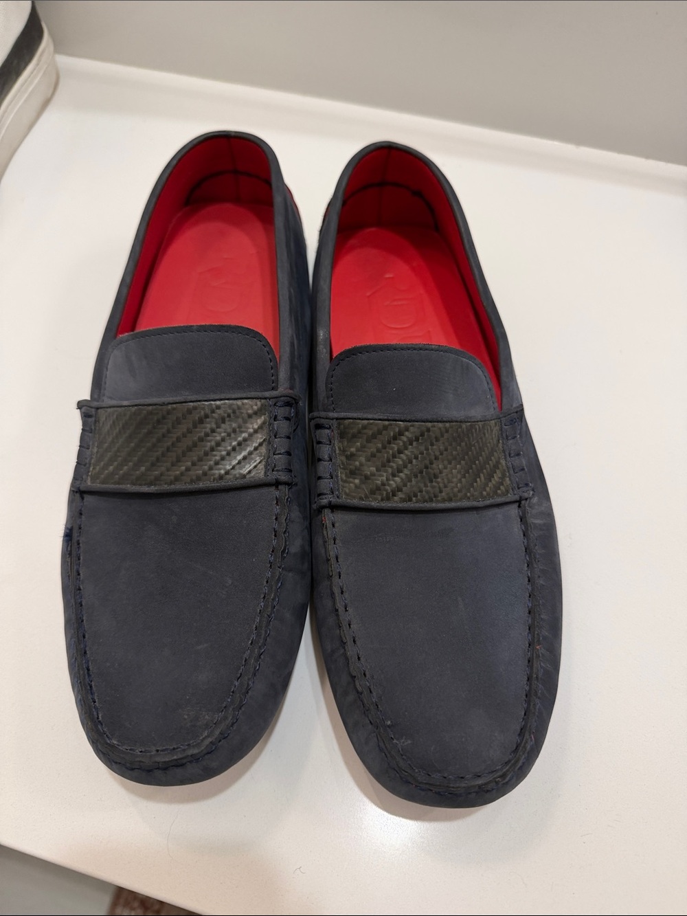 RDB Men's Navy Suede Penny Loafers with Red Insole